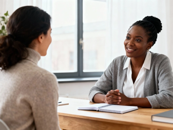 Two Black women engaged in a warm, supportive mentoring conversation in a bright, comfortable space