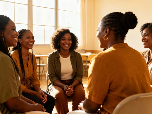 Black woman coach speaking with a group of women in a bright, supportive setting during a success coaching session